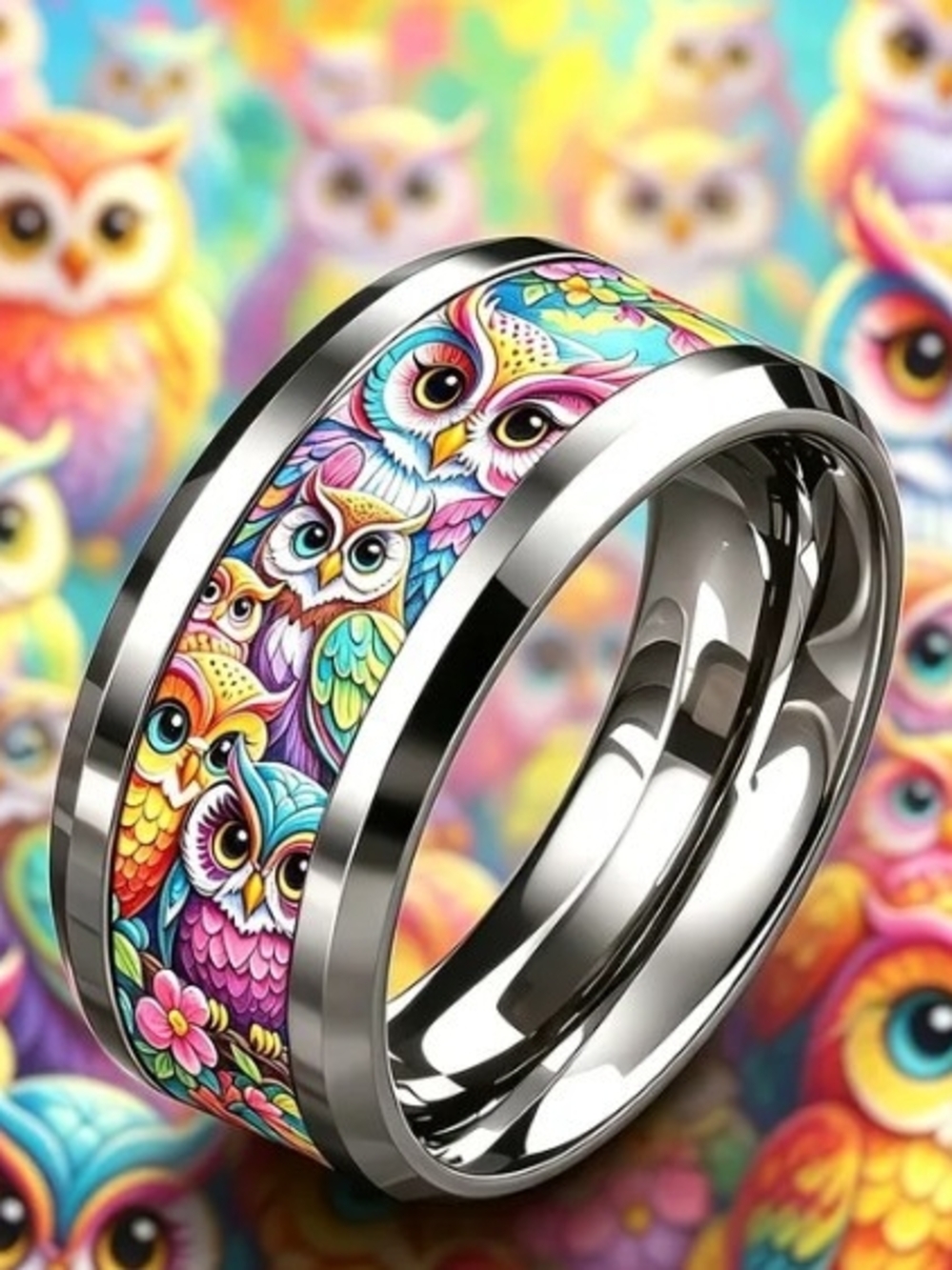 Colorful Owl Pattern Stainless Steel Women's Ring - Multicolor Size 8